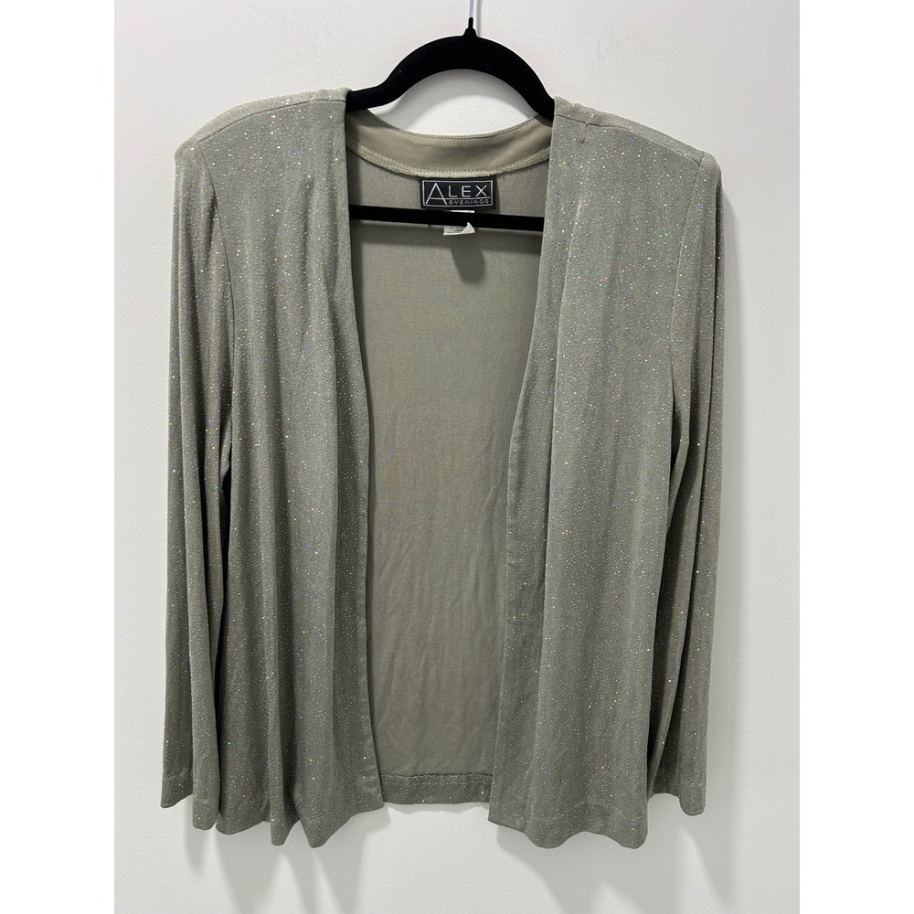 Alex Evenings Sage Green Rainbow Glitter Shimmer Open Front Jacket Size 12